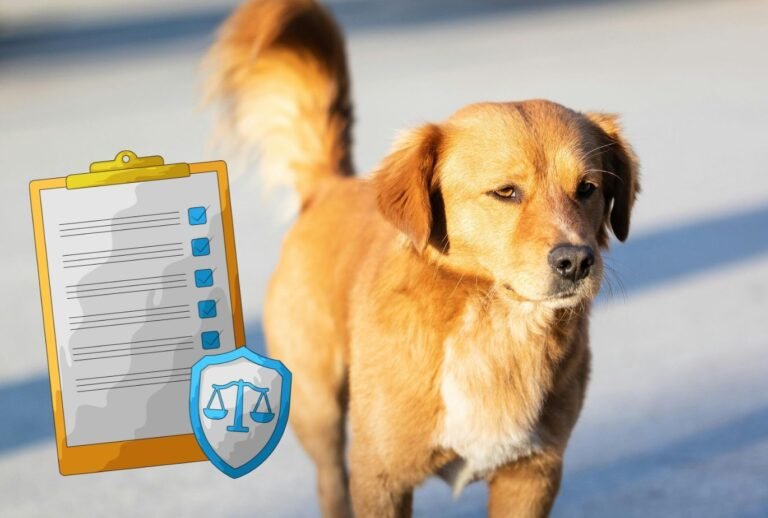 yellow street dog standing and watching something and an illustration of a law document