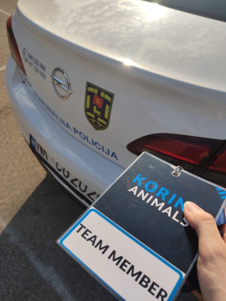 Korina Animals Team Member ID card in front of the Municipal police car
